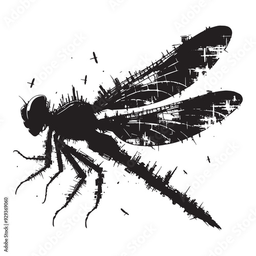 silhouette of Dragonfly, filled with destroyed futuristic dystopia environment in rough drawing, animal,