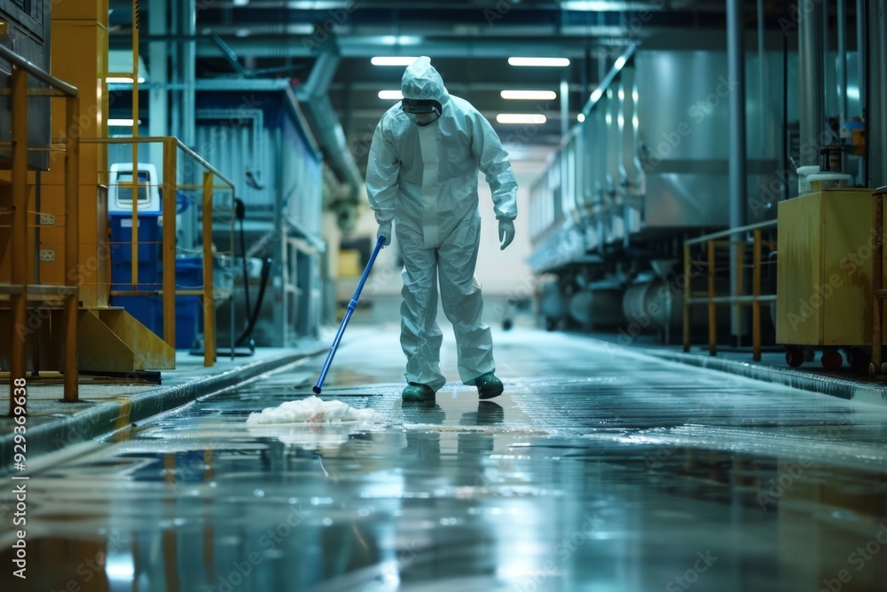 Obraz premium Worker in protective suit mopping industrial facility floor at night. The setting suggests a clean and sterile environment. Image depicts cleanliness efforts in a manufacturing setup. High-quality