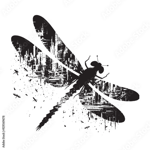 silhouette of Dragonfly flying, filled with destroyed futuristic dystopia environment in rough drawing, animal,