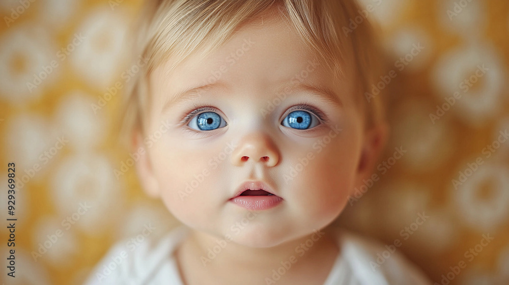 A curious baby with striking blue eyes stares intently while sitting in a brightly colored indoor environment A curious baby with striking blue eyes stares intently while sitting in a brightly colored indoor environment
