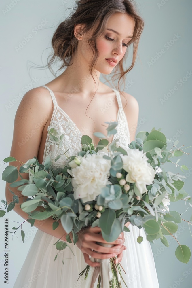 Naklejka premium A woman in a white wedding dress holds a bouquet of flowers, perfect for wedding or anniversary celebrations