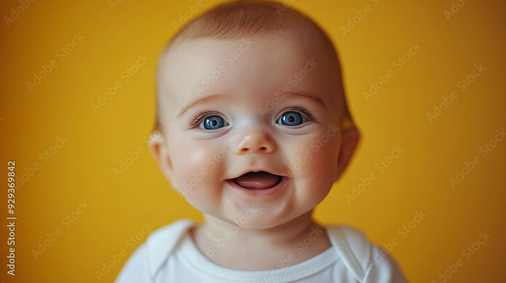 A cheerful baby with sparkling blue eyes smiles broadly, showcasing joy against a vibrant yellow backdrop A cheerful baby with sparkling blue eyes smiles broadly, showcasing joy against a vibrant yellow backdrop