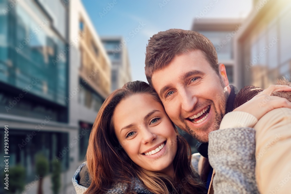 Happy couple of young tourists outdoor Happy couple of young tourists outdoor