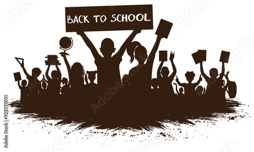 Back to school. Happy school children or first graders, girl is holding banner. Silhouette. Vector illustration.