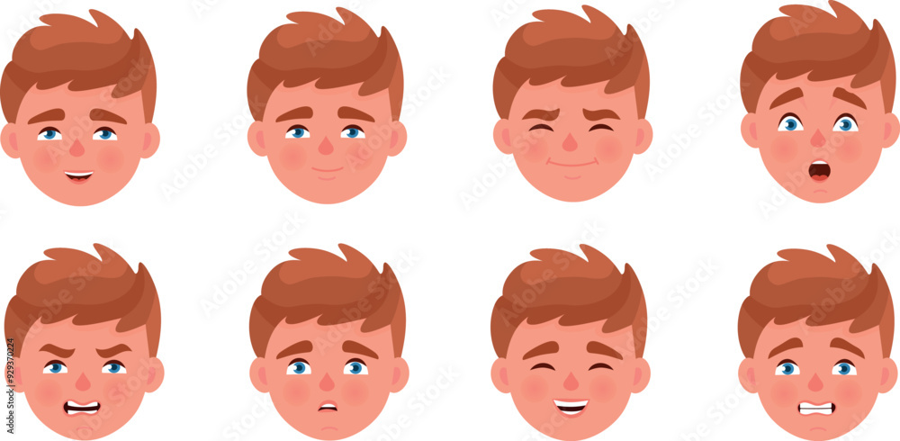 Kid emotions. Cartoon boy face expression set Kid emotions. Cartoon boy face expression set