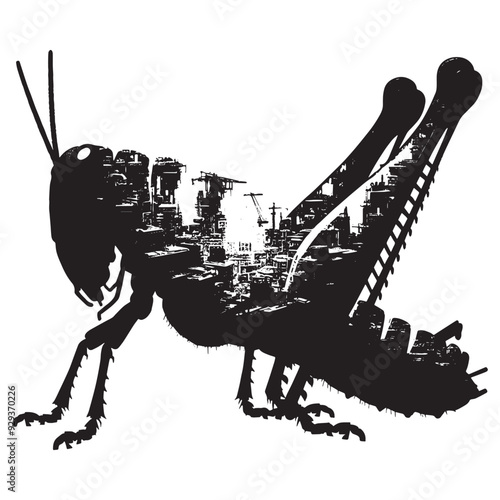 silhouette of Grasshopper, filled with destroyed futuristic dystopia environment in rough drawing, animal,