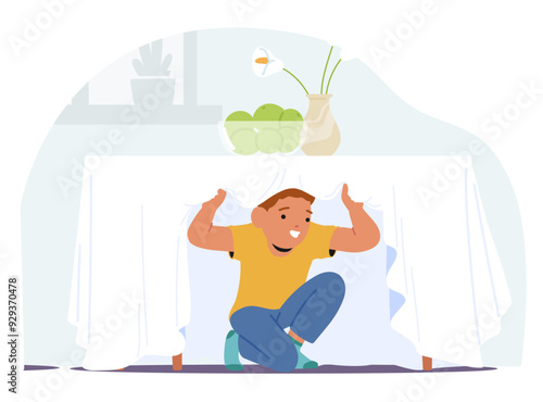 Joyful Child Boy Character Hiding Under A Table While Playing Hide And Seek. Kid Wearing Yellow Shirt And Blue Pants