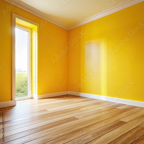 Bright yellow room with wooden floor and window revealing green landscape. Generative AI