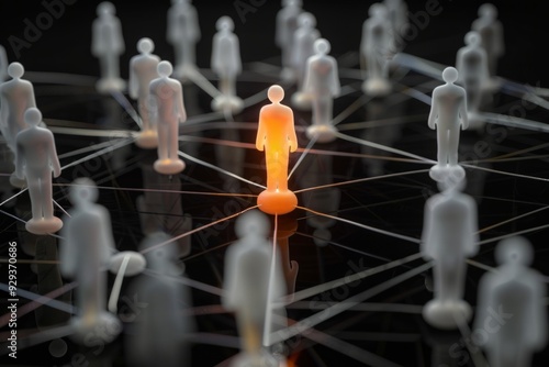 Conceptual Illustration of Network with Glowing Central Figure. This image showcases a network structure. It has a modern digital style. Ideal for concepts like leadership, connectivity, and community