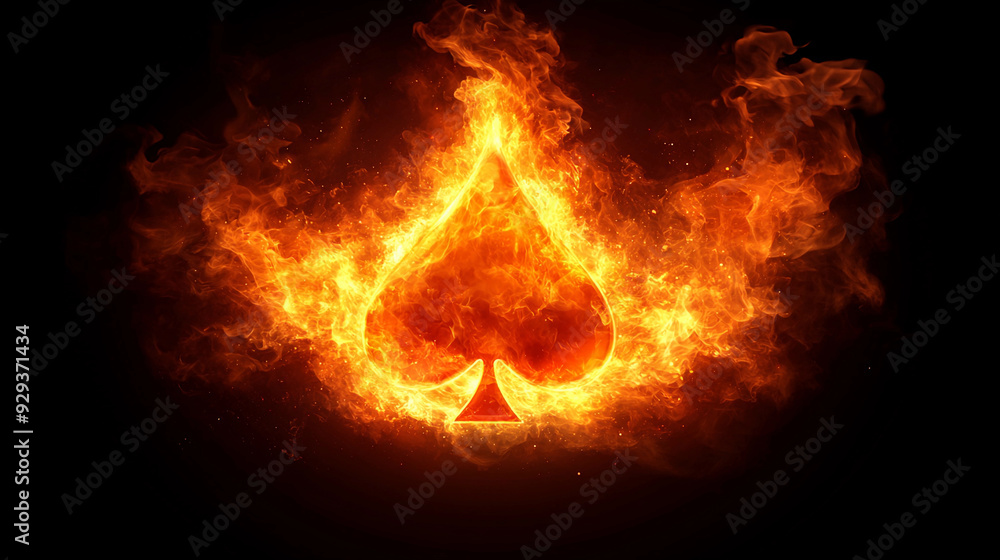 A symbolic spade shape emerges from vibrant flames, creating a striking visual against a dark backdrop that evokes intensity and energy A symbolic spade shape emerges from vibrant flames, creating a striking visual against a dark backdrop that evokes intensity and energy