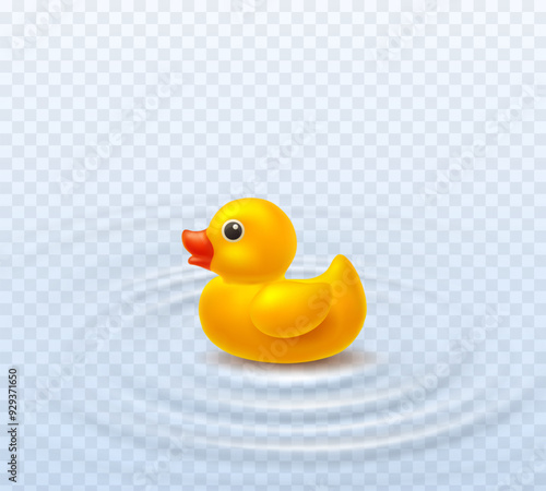 Duck with water ripple effect isolated on transparent background. Yellow bath baby rubber toy. Vector 3d bathtub kid game element template