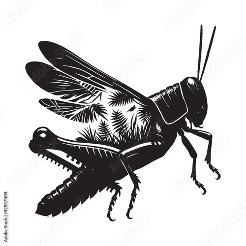 silhouette of Grasshopper flying, filled with tropical plant in the jungle in rough drawing, animal,