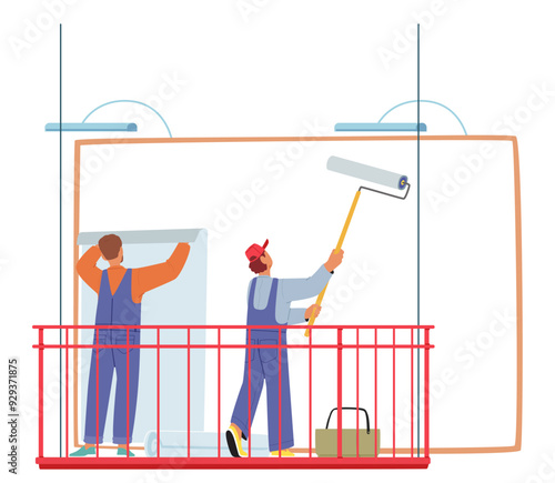 Two Workers Preparing An Outdoor Advertising Billboard. One Worker Is Applying A Poster While The Other Is Painting