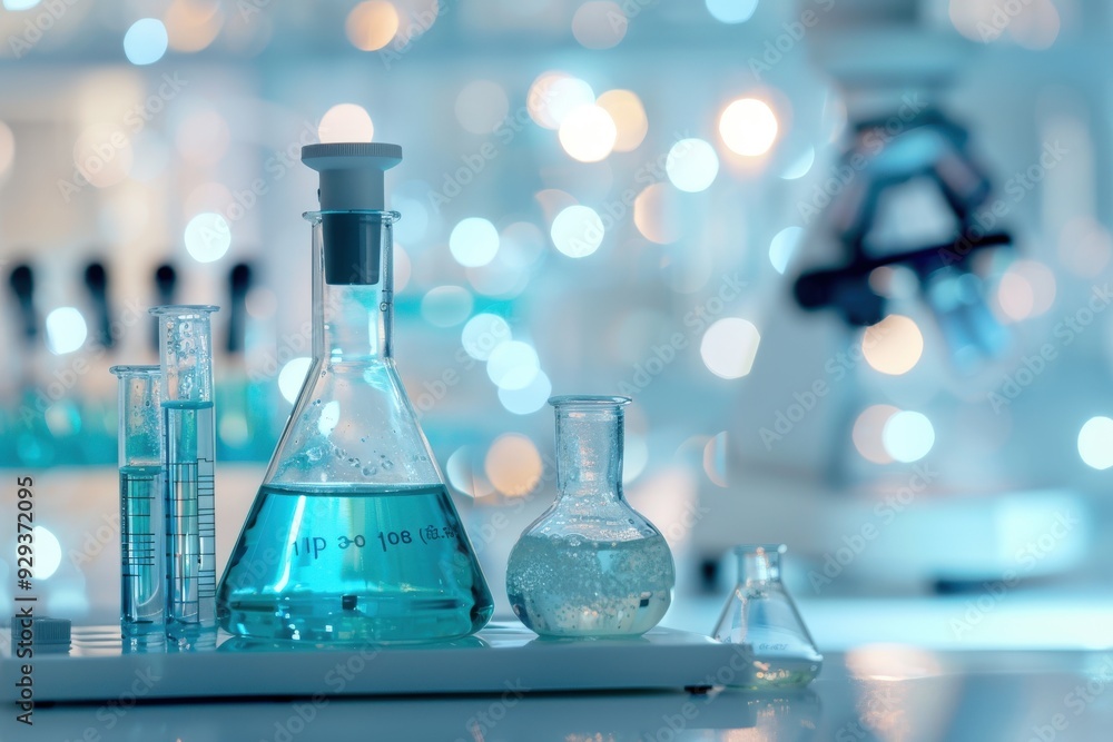 A row of colorful glass beakers filled with various colored liquids, generative ai image A row of colorful glass beakers filled with various colored liquids, generative ai image