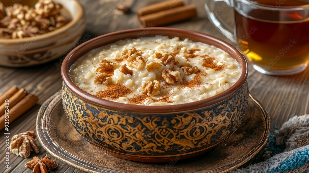 Turkish milky dessert sutlac, or baked rice pudding, is served with a glass of tea and cinnamon sticks in an earthenware casserole along with walnuts. Turkish milky dessert sutlac, or baked rice pudding, is served with a glass of tea and cinnamon sticks in an earthenware casserole along with walnuts.
