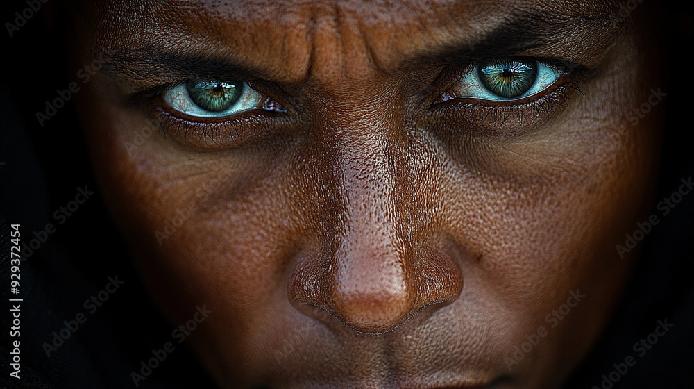 A person with striking green eyes and serious expression gazes directly at the viewer, highlighting deep emotions and powerful presence A person with striking green eyes and serious expression gazes directly at the viewer, highlighting deep emotions and powerful presence