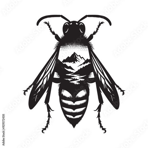 silhouette of hornet, filled with mountain and nature view in rough drawing, animal,