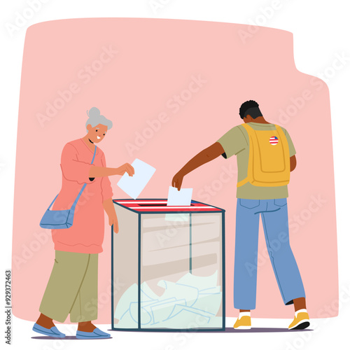 Senior Woman And Young Man Characters Casting Their Ballots Into Voting Box At A Polling Station, Represent Civic Duty