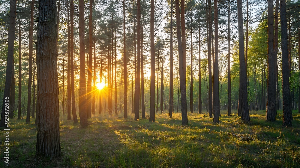 Fototapeta premium Golden sunlight streams through tall pine trees in a forest, illuminating the green undergrowth and creating a magical atmosphere.