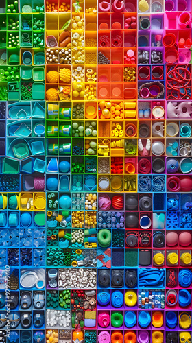 Symmetrical Grid Alignment of Colorful Objects Creating Visual Harmony Through Structured Organization