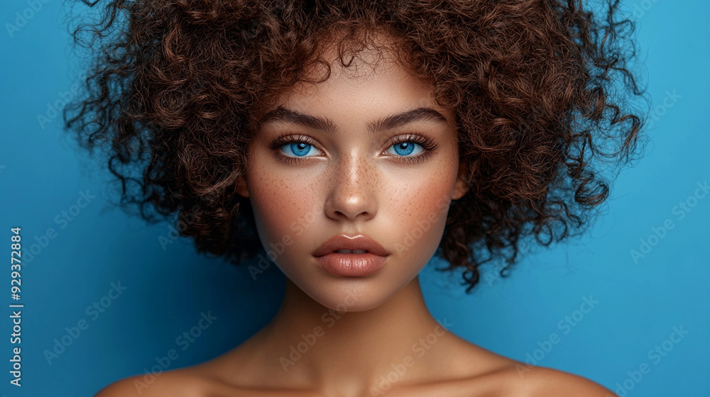 A young woman showcases her curly hair and bright blue eyes while posing confidently against a vibrant blue backdrop in a creative studio A young woman showcases her curly hair and bright blue eyes while posing confidently against a vibrant blue backdrop in a creative studio