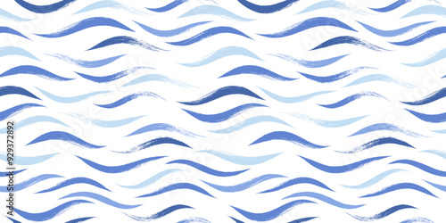Wave watercolor seamless vector pattern. Hand drawn water sea background. Wavy ocean print, curly grunge paint lines