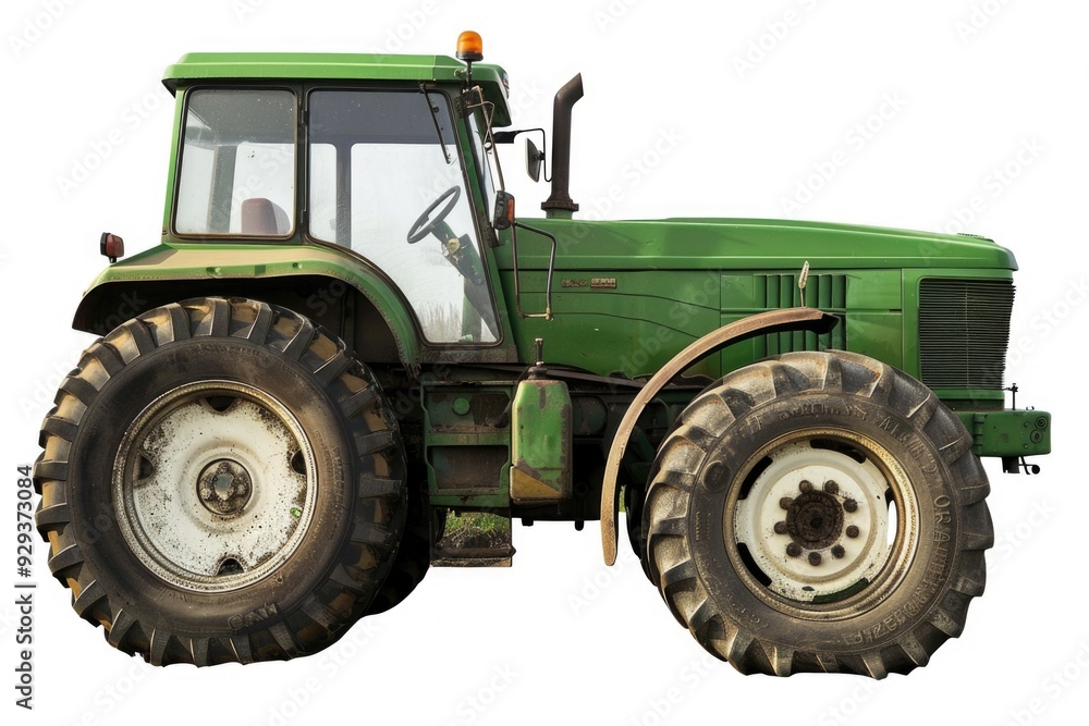 A green tractor is parked on a white surface A green tractor is parked on a white surface