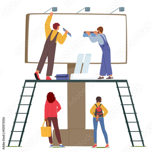 Two Workers Characters Installing An Outdoor Billboard Advertisement While Two Onlookers Observe From Below