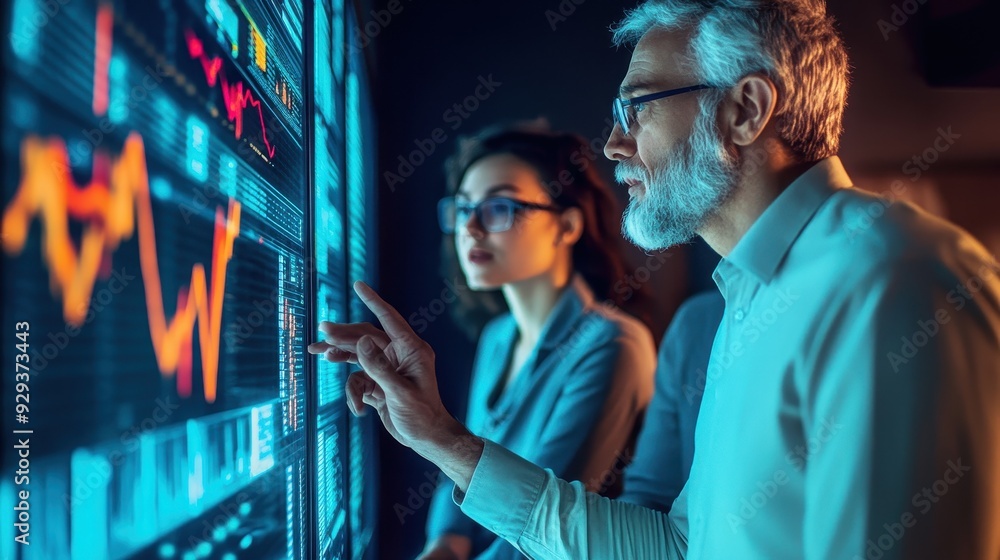 Fototapeta premium Senior tech workers closely analyze server performance data displayed on screens