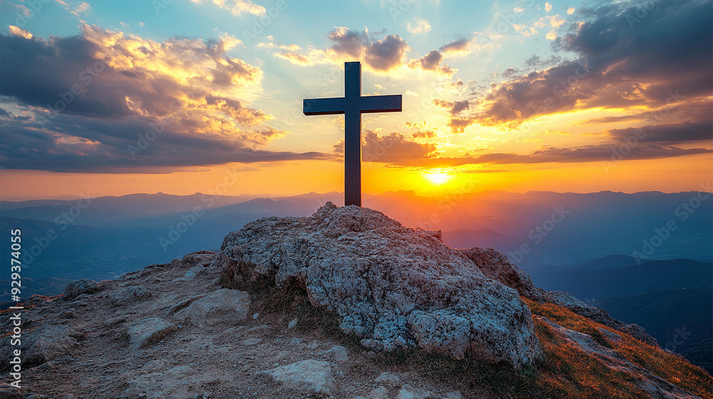 A cross stands prominently on a rocky summit as the sun sets, casting vibrant colors across the sky and illuminating the distant landscape A cross stands prominently on a rocky summit as the sun sets, casting vibrant colors across the sky and illuminating the distant landscape