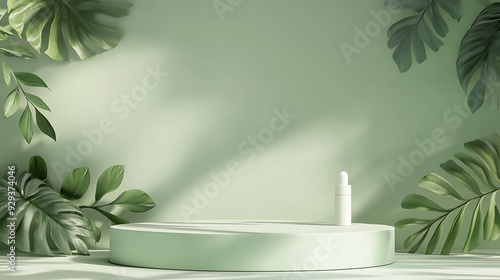 Green Product Display With Tropical Leaves.