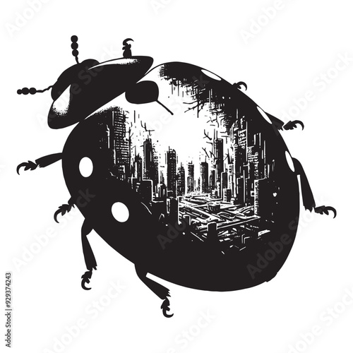silhouette of Ladybug, filled with destroyed futuristic dystopia environment in rough drawing, animal,