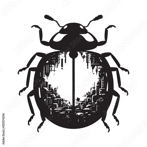 silhouette of Ladybug, filled with destroyed futuristic dystopia environment in rough drawing, animal,