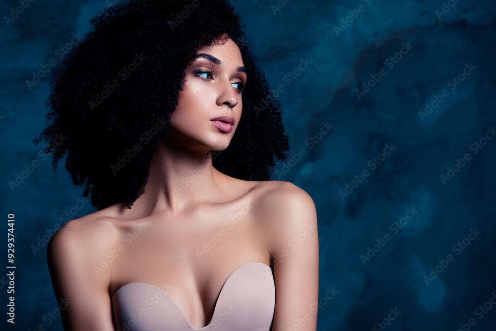Photo of tempting woman naked shoulders enjoying self acceptance look empty space isolated concrete blue color wall Photo of tempting woman naked shoulders enjoying self acceptance look empty space isolated concrete blue color wall
