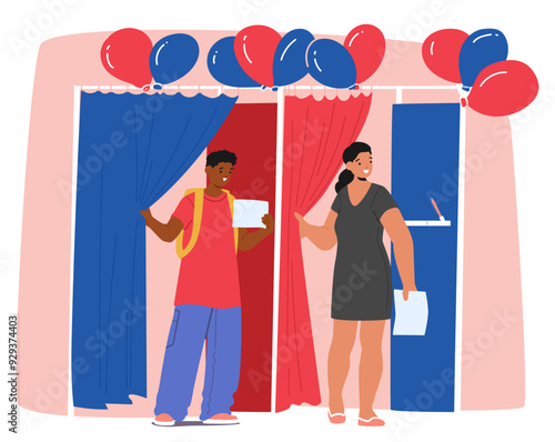 Voters At A Polling Station With Blue And Red Curtains, Balloons, And Voting Booths, Casting Their Votes During Election