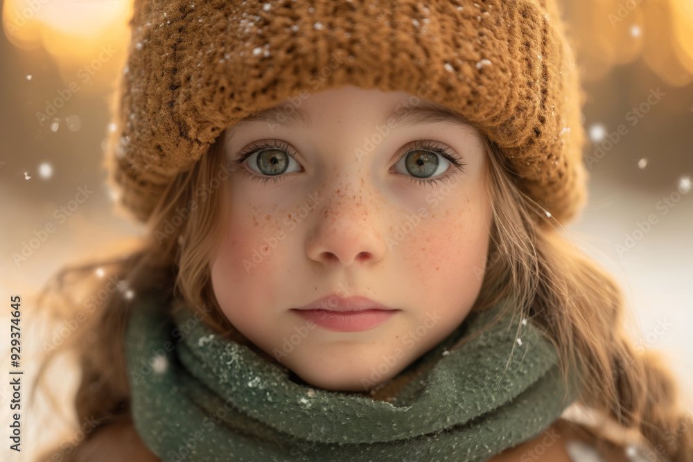 Adorable winter portrait of young little girl with knit hat and scarf, surrounded by falling snow Adorable winter portrait of young little girl with knit hat and scarf, surrounded by falling snow