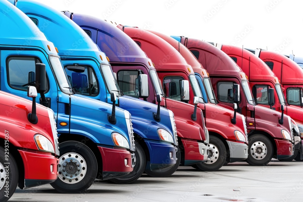 Row of semi trucks parked next to each other on a busy highway Row of semi trucks parked next to each other on a busy highway