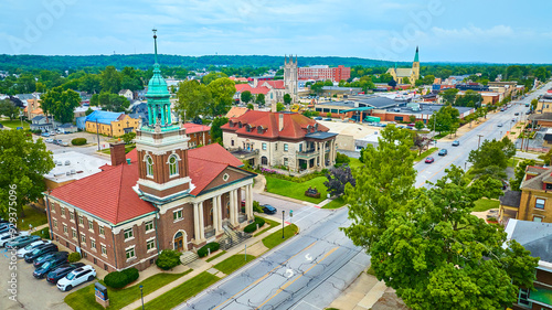 Aerial View of Historic Town Hall and Church in Mishawaka Indiana