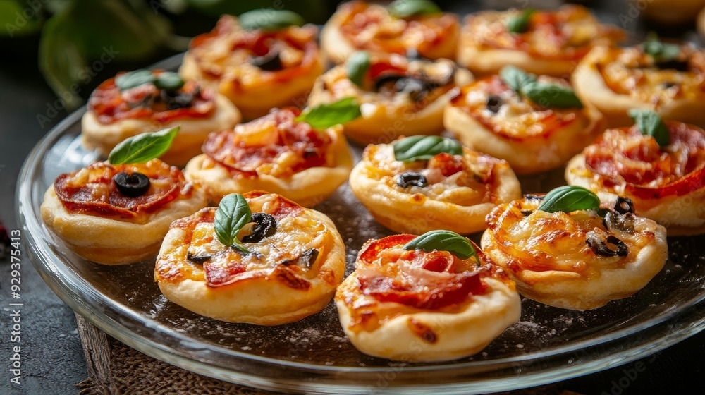 A variety of tiny pizzas arranged on a glass platter for breakfast or as a snack A variety of tiny pizzas arranged on a glass platter for breakfast or as a snack