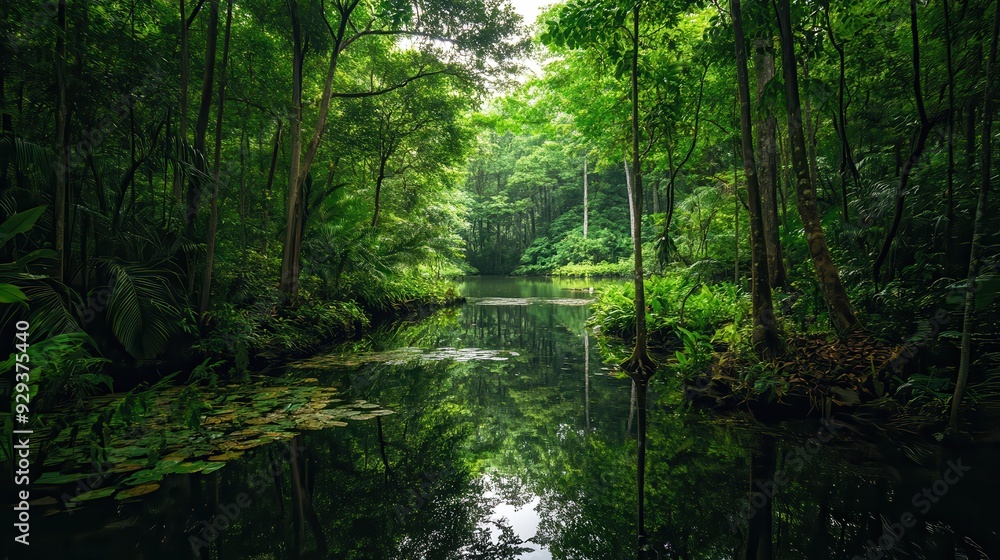 Obraz premium A serene view of a lush green forest reflecting in calm waters.