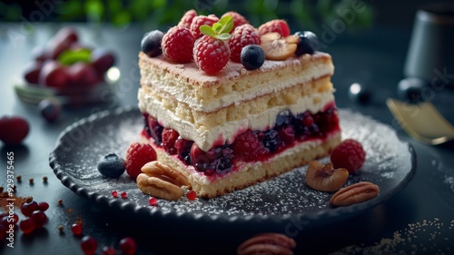 Wallpaper Mural A sumptuous slice of layered cake decorated with a generous assortment of fresh berries Torontodigital.ca