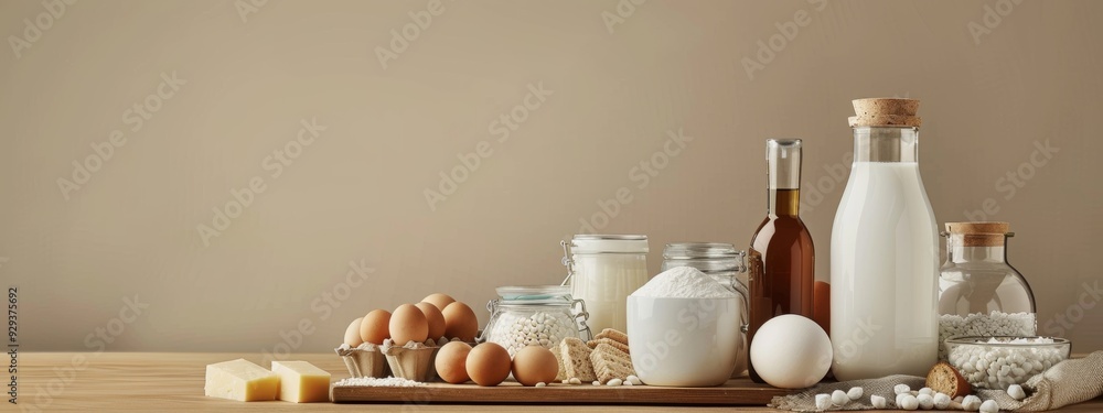 Baking ingredients including eggs, flour, and milk on a wooden surface Baking ingredients including eggs, flour, and milk on a wooden surface
