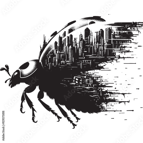 silhouette of Ladybug flying, filled with destroyed futuristic dystopia environment in rough drawing, animal,