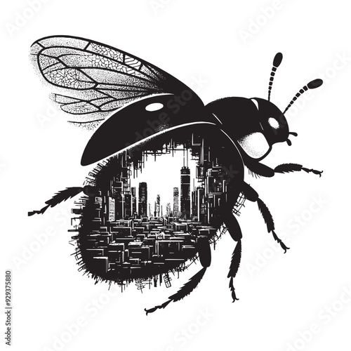 silhouette of Ladybug flying, filled with destroyed futuristic dystopia environment in rough drawing, animal,