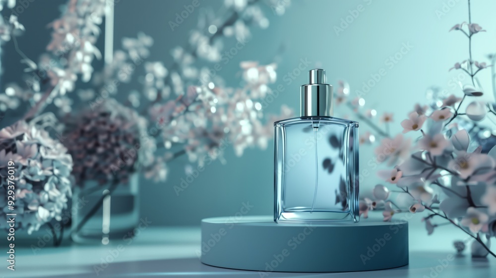 Elegant perfume bottle on a blue pedestal surrounded by delicate flowers, creating a serene and sophisticated atmosphere Elegant perfume bottle on a blue pedestal surrounded by delicate flowers, creating a serene and sophisticated atmosphere