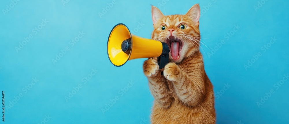Fototapeta premium A ginger cat yelling into a yellow megaphone