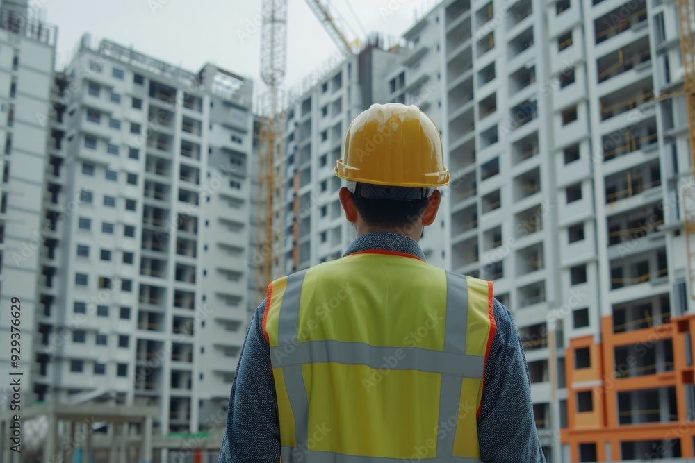Construction engineer in standard safety gear examining building at site. Construction engineer in standard safety gear examining building at site.