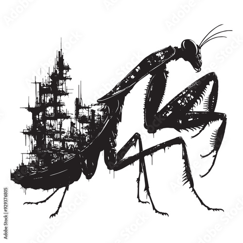 silhouette of Mantis, filled with destroyed futuristic dystopia environment in rough drawing, animal,