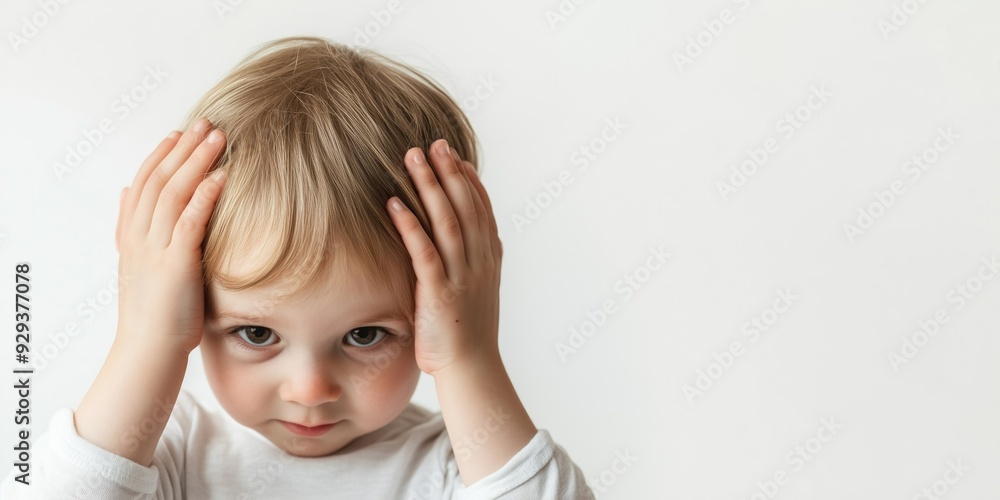 Cute little child toddler on neutral background with hands on his head with light grey copyspace background what have I done Cute little child toddler on neutral background with hands on his head with light grey copyspace background what have I done