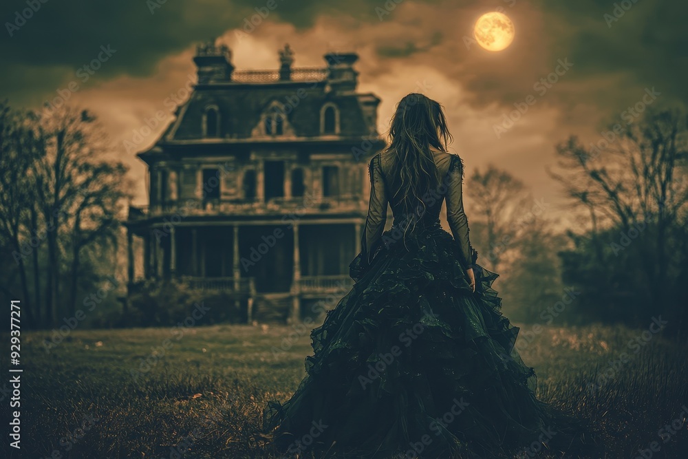A woman in a dark dress stands at dusk near a haunted mansion under a full moon A woman in a dark dress stands at dusk near a haunted mansion under a full moon